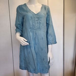 White Stuff powder blue v-neck a-line ¾ sleeve above knee linen dress Size 8